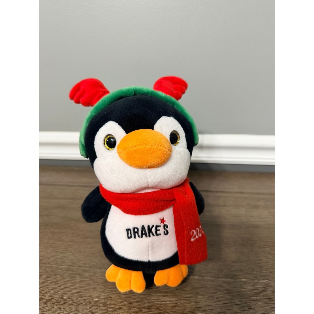 Drakes 2023 Christmas Penguin Plush Stuffed Animal Red Scarf Reindeer Antlers 9"